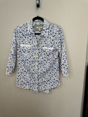 Decree Womens Floral Button-Up Shirt L/G 3/4 Sleeve Y2k 100% Cotton White/Blue